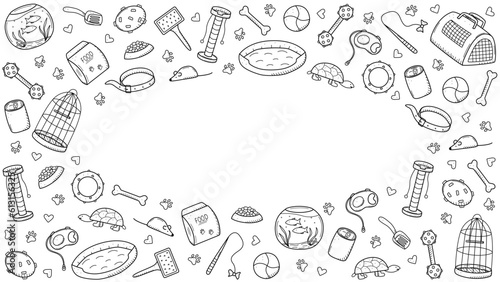 Pet store doodle, a set of icons of goods for the animal store. Vector illustration.