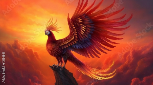 Wings of Rebirth: The Soaring Phoenix Amidst a Kaleidoscope of Colors generative AI © Bu3of