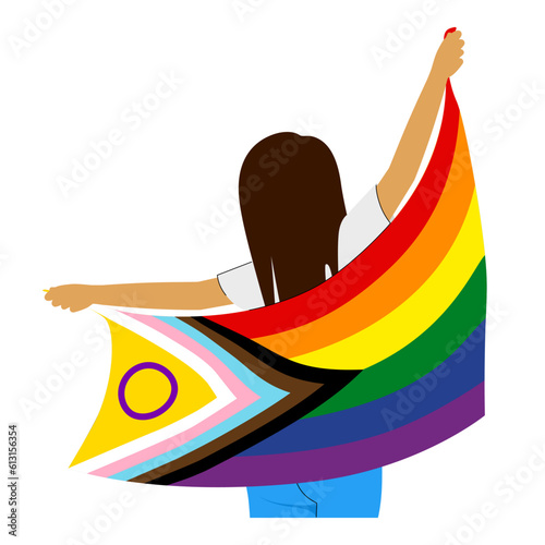 Young woman holding an inclusive rainbow pride flag