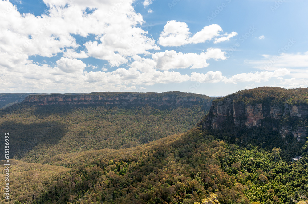 Blue Mountains in Sydney, Australia. Cloudy Blue Sky and Shadows, Wide Angle.