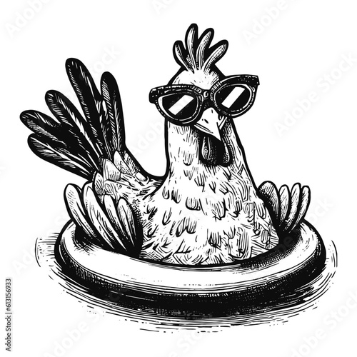 cool hen wearing sunglasses in a swimming ring sketch, vacation chicken