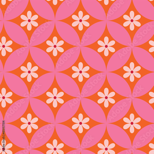 Retro white flowers on mid century pink circles seamless pattern over orange background. For home decor, textile and retro backgrounds. 