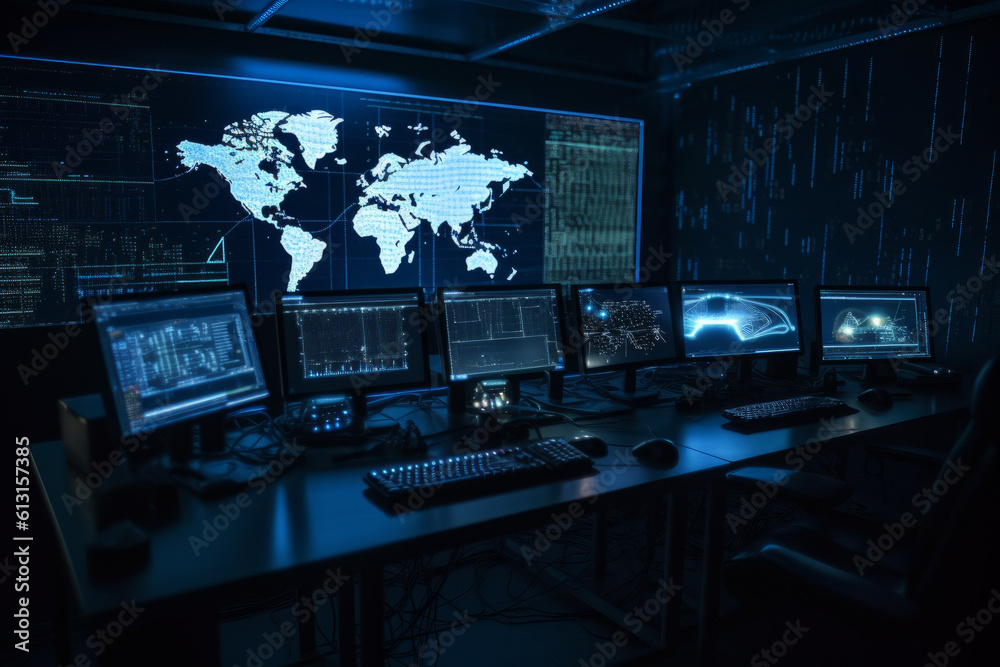 Fototapeta premium communication concept, monitoring, control panel, central, PC, blue black lights, data security