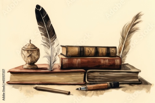 Watercolour illustration of books with a feather on top Fototapet