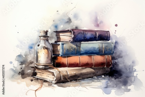 Watercolour illustration of books with a feather on top. Generative ai photo