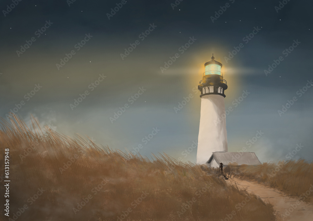 lighthouse in the evening alone in the middle of field