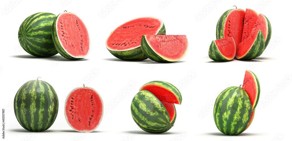 set of different watermelons with a cut pieces 3s render on white set of different watermelons with a cut pieces 3s render on white