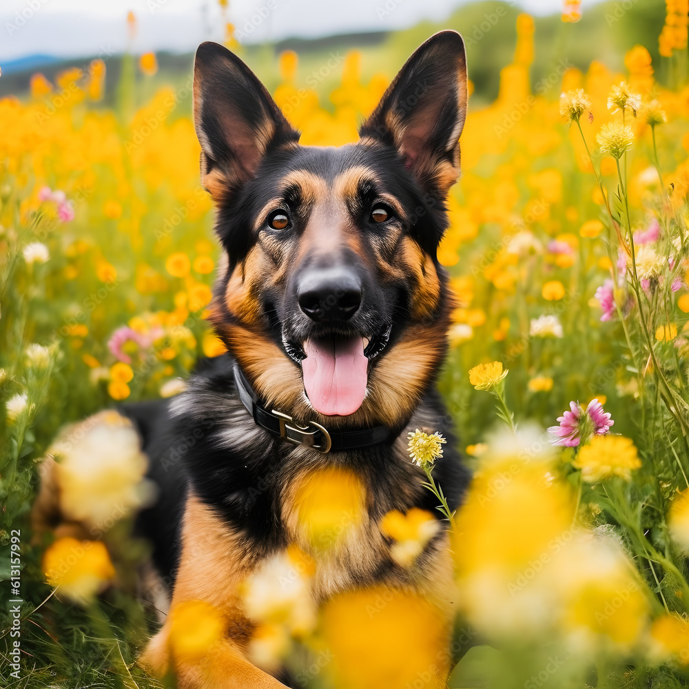 Pet Photography: German Shepherd Surrounded by Beautiful Flowers