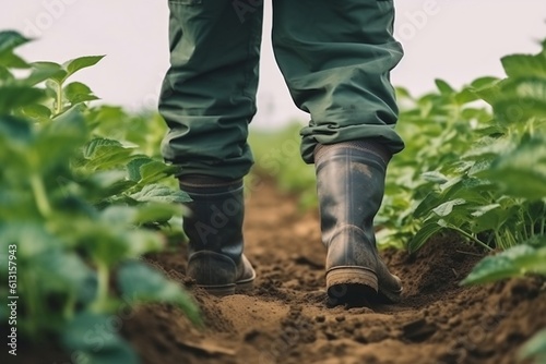 Close-up of a farmer's feet in rubber boots, Generative Ai
