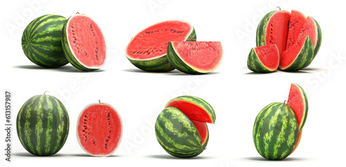 set of different watermelons with a cut pieces 3s render on white