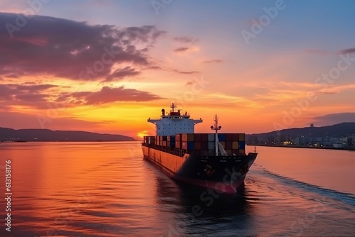 Fotografering Large container ship sailing on the ocean, representing business logistics, Gene