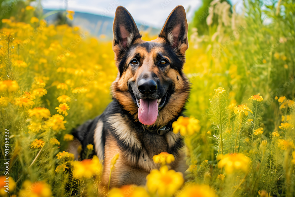 Pet Photography: German Shepherd Surrounded by Beautiful Flowers