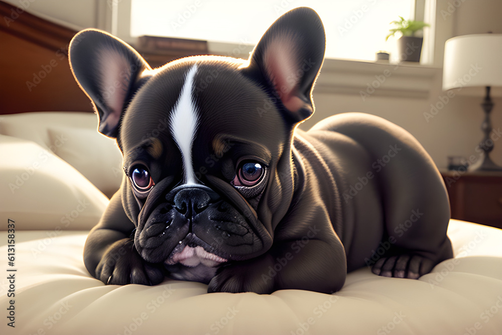 french bulldog puppy on bed, french bulldog puppy sitting on the bed, bulldog deitado em lencois, cachorro peque. generative ai french bulldog puppy on bed, french bulldog puppy sitting on the bed, bulldog deitado em lencois, cachorro peque. generative ai