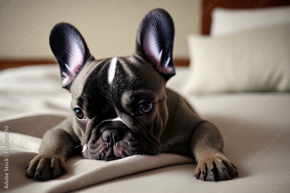 french bulldog puppy sitting on bed, french bulldog puppy sitting on the bed, bulldog deitado em lencois, cachorro peque. generative ai