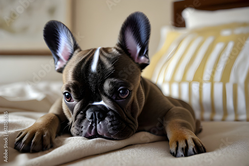 french bulldog puppy, french bulldog puppy sitting on the bed, bulldog deitado em lencois, cachorro peque. generative ai © Maycon