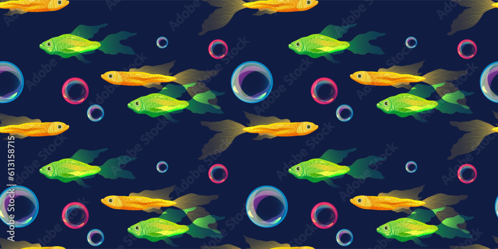 Aquarium fishes vector print. Green, yellow, pink and blue set with fishes and bubbles. Colorful neon fishes vector pattern for fabric, textile, wrapping paper, cards ets. Dark blue background. Aquarium fishes vector print. Green, yellow, pink and blue set with fishes and bubbles. Colorful neon fishes vector pattern for fabric, textile, wrapping paper, cards ets. Dark blue background.
