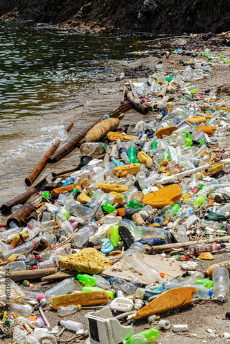 Plastic bottles of trash litter the beaches of the Philippines