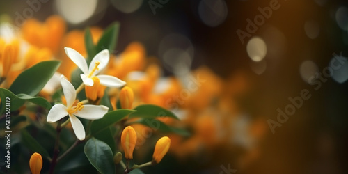 Orange jasmine flower, parfum scent, garden decoration, copy space blurred background, Generative AI