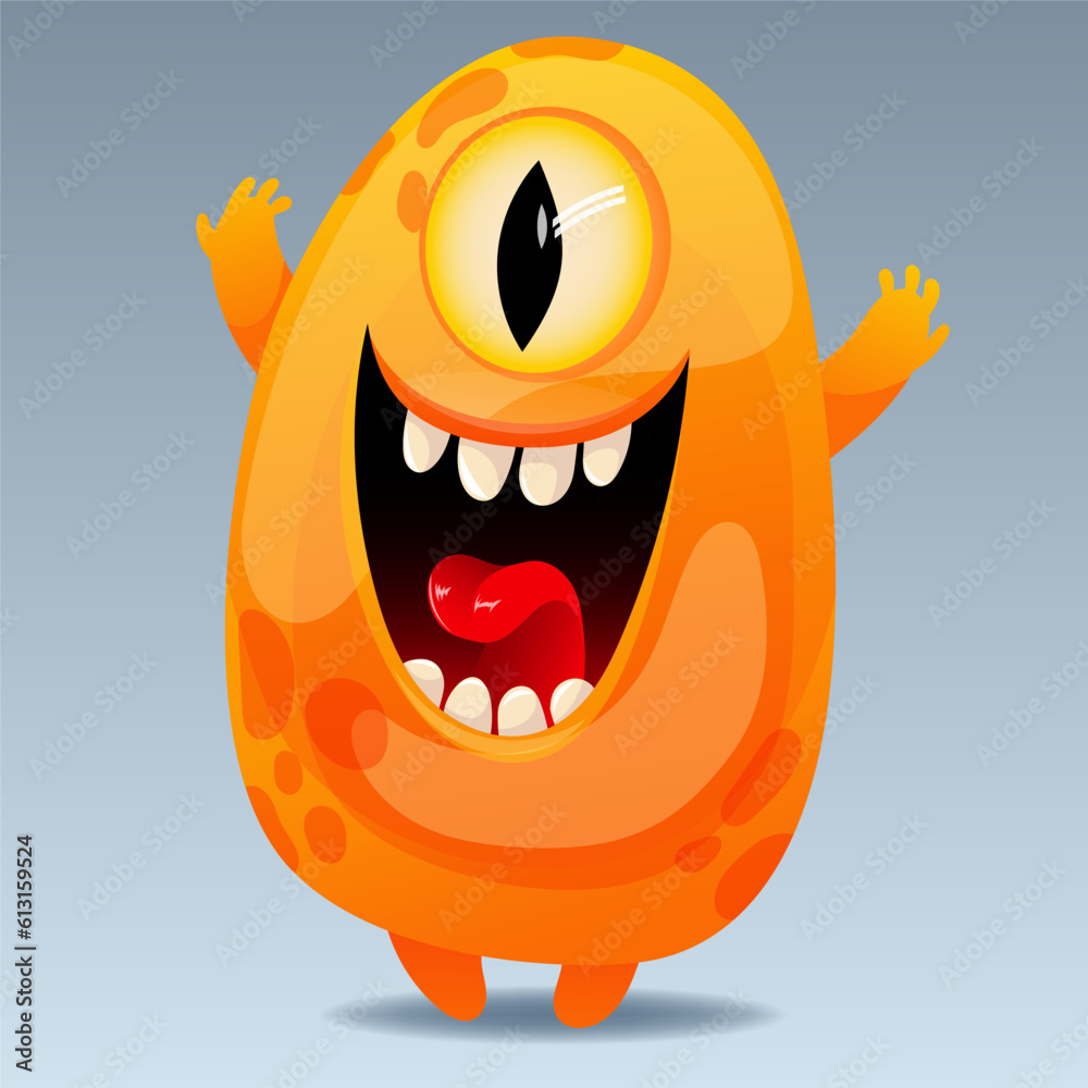 Cute cartoon monster. Design for print, sticker, party decoration, logo, emblem, magazine prints or journal article, t-shirt design, poster. Vector illustration of Halloween cool monster Cute cartoon monster. Design for print, sticker, party decoration, logo, emblem, magazine prints or journal article, t-shirt design, poster. Vector illustration of Halloween cool monster