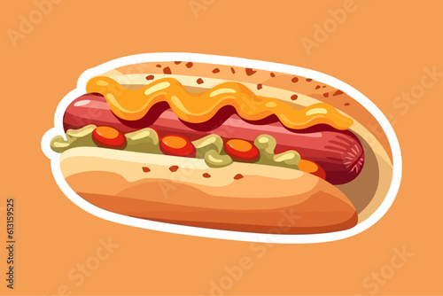 Vector illustration cartoon flat style delicious appetizing hotdog hot dog sandwich with sausage mustard greens isolated on white sticker design bun with sausage fast food snack
