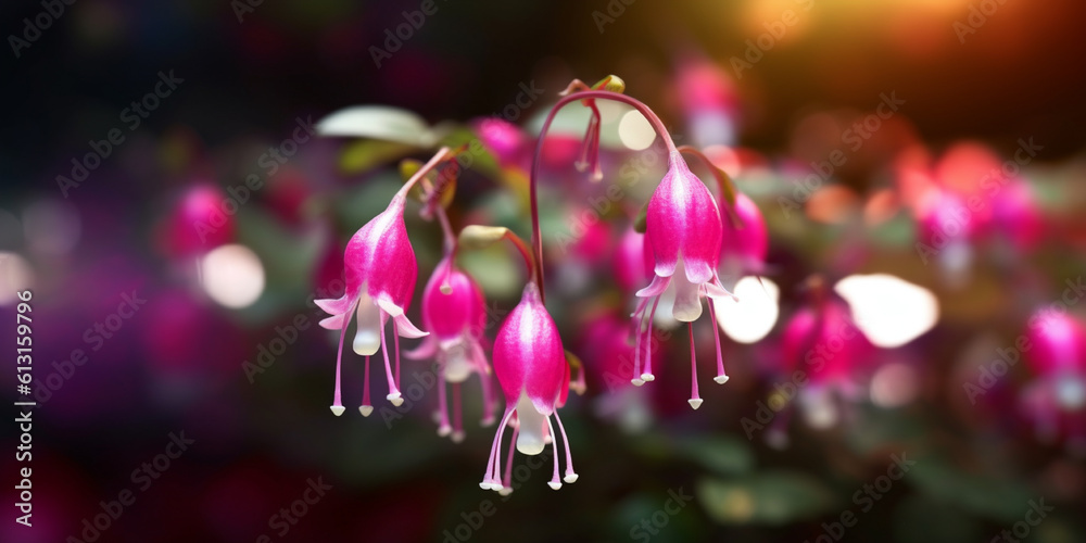 Fototapeta premium Fuchsia flower, copy space blurred background, Generative AI