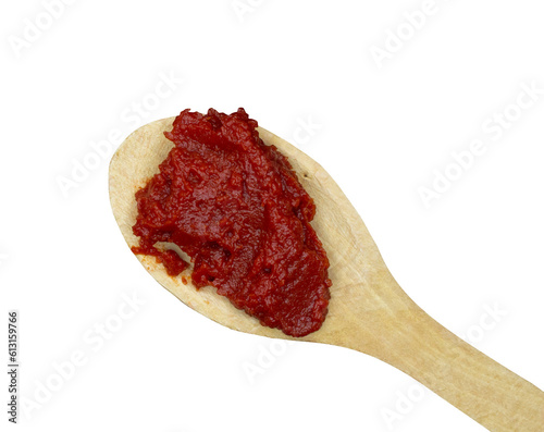 Wooden spoon with tomato paste on transparent background