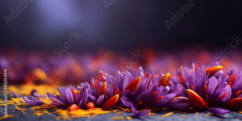 Saffron flower cultivation, and health benefits, copy space blurred background, Generative AI