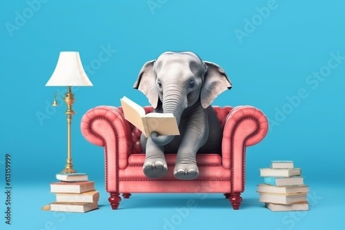 Elephant reading a book and learning on a sofa  Generative Ai