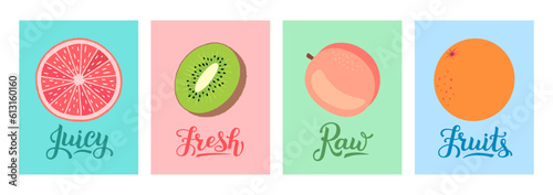 Fruit labels template with hand lettering. Juicy fruits bio food fresh organic. Grapefruit slice, kiwi cut, peach and orange. Summer cards design set for label, tag, banner, packaging sticker print.