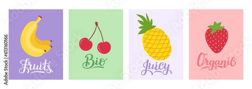 Fruit labels template with hand lettering. Juicy fruits bio food fresh organic. Pommegranat, lime slice, watermelon cut and pear. Summer cards design set for label, tag, banner, sticker, any print.