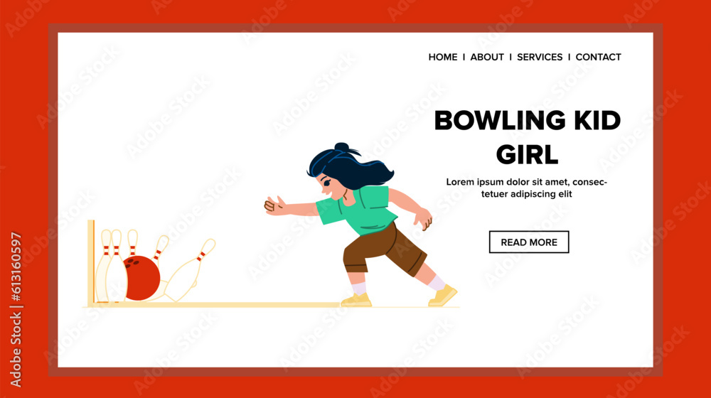bowling kid girl vector. young ball, child game, fun childhood, sport boy, play happy bowling kid girl web flat cartoon illustration