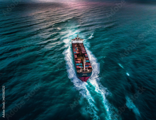 aerial view of a cargo ship traveling through the ocean