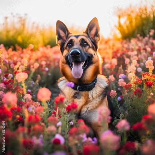 German Shepherd in Flower Field: Captivating Image of a Cute Canine