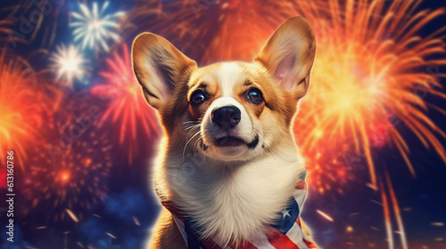 Patriotic Pooch: Chihuahua Dog celebrating the Fourth of July at night with the American flag and fireworks behind.
