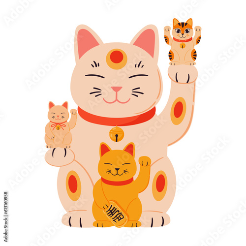 Fortune cat. Cartoon Japanese lucky maneki neko cat, oriental traditional cat toy flat vector illustration