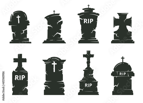 Gravestone silhouettes. Halloween tombstones, cemetery crosses and horror halloween grave stones flat cartoon vector illustration set