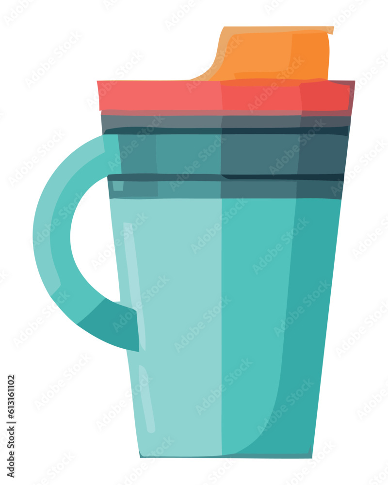 Blue plastic mug with handle holds drink Blue plastic mug with handle holds drink