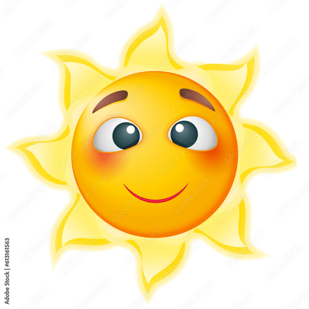 Sunny vector emoji on white background. Vector happy emoji. Smiling yellow face. Sun with smile. Cute emoticon.