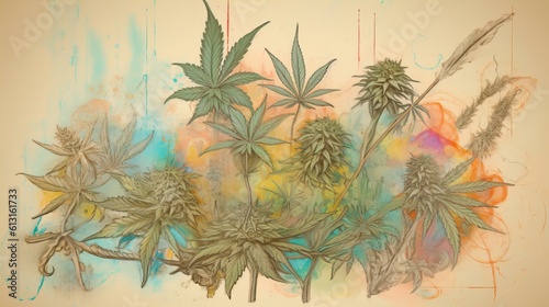 Generative AI background with colorful medical marijuana leaves