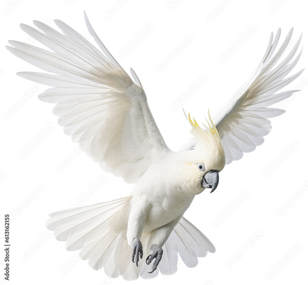 Fototapeta premium Flying Cockatoo isolated on the transparent background PNG. Top view. AI generative.