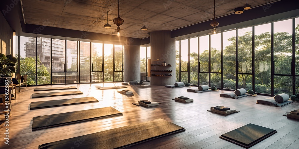 custom made wallpaper toronto digitalAI Generated. AI Generative. Fitness sport gym exercise yoga studio room place. Healthy lifestyle training. Graphic Art