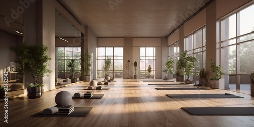 Fototapeta Naklejka Na Ścianę i Meble -  AI Generated. AI Generative. Fitness sport gym exercise yoga studio room place. Healthy lifestyle training. Graphic Art