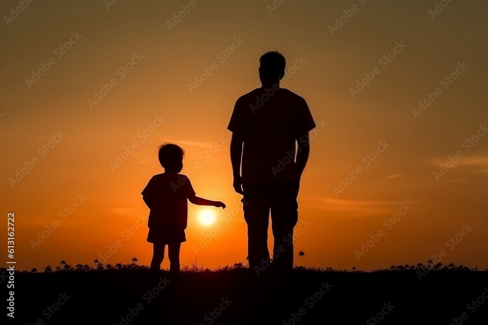 Happy family, father and child, enjoying a sunset, Generative Ai
