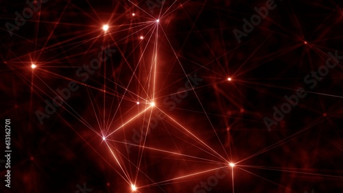 Red glowing grid of artificial network in three-dimensional logic space on microscopic level of abstract Plexus elements web. 3D illustration concept background for love emotion and technology banner.