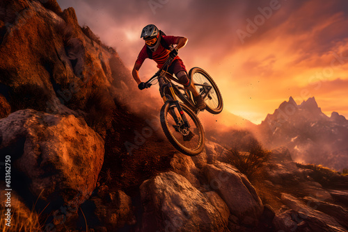 mountain biker soaring through the air on a rugged trail ai generated art