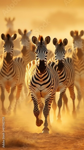 Zebras Galloping Across the Golden Plains. Generative ai