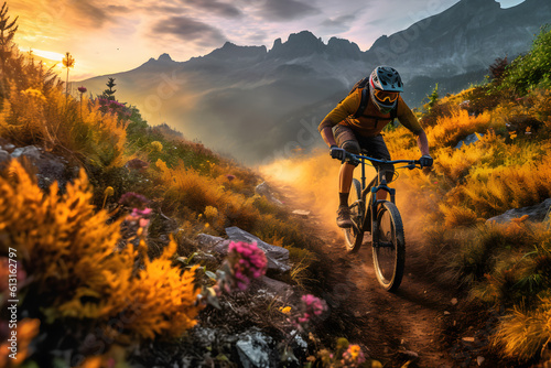 mountain bike in sunset with amazing alps in background ai generated art