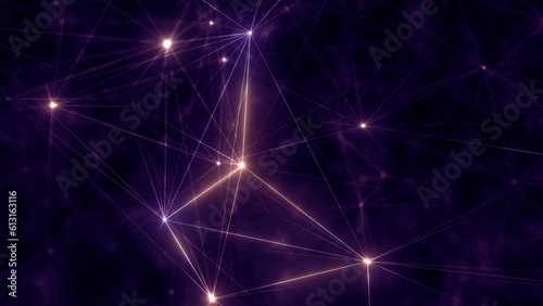 Cybernetic violet purple artificial intelligence in three-dimensional logic space on communication of abstract Plexus elements array. 3D illustration concept loop for science  technology and software