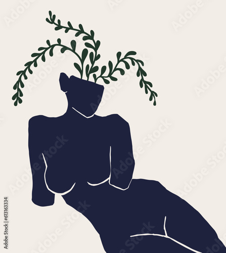 Vector illustration with female silhouette and foliage. Woman statue with a plant from the head. Artwork, abstract wall art. Minimalistic poster in blue and green colors.
