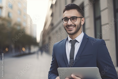 businessman working holding laptop in the city
